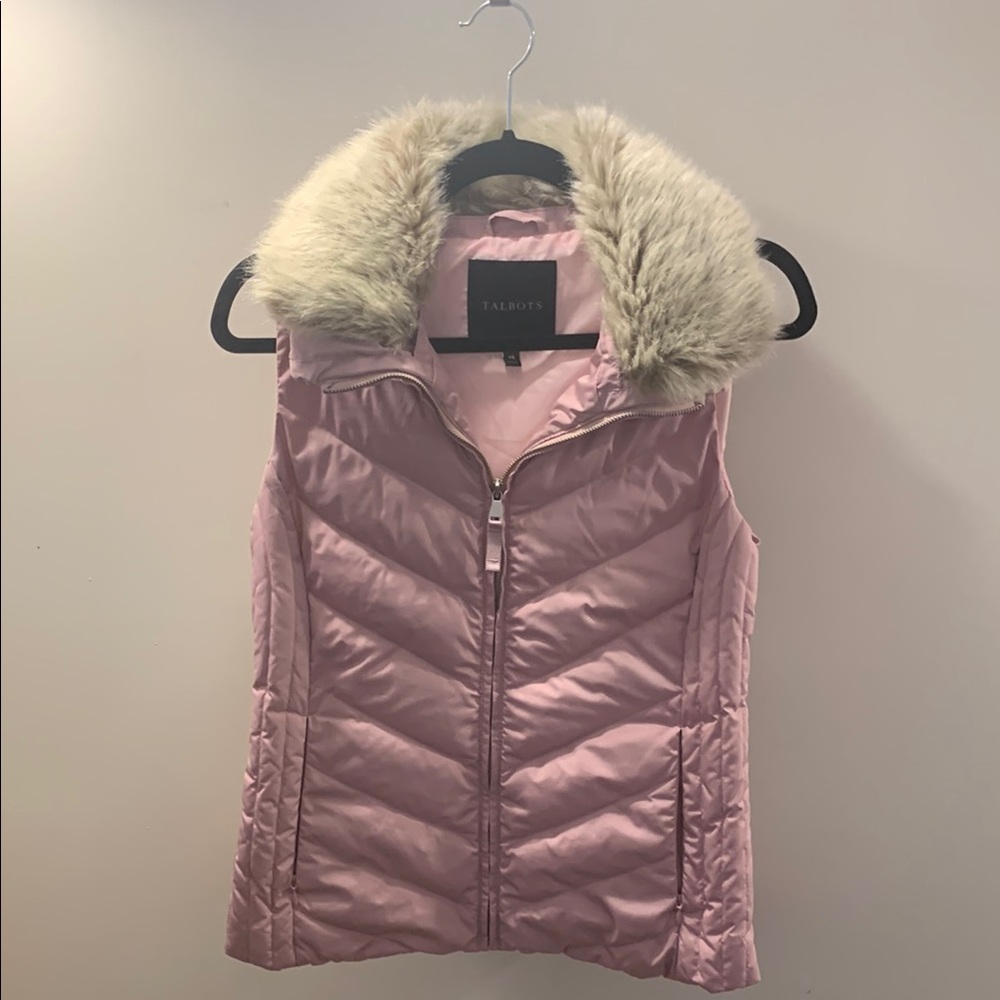 Talbots Light Pink Quilted Puffer Vest with Faux Fur Trim